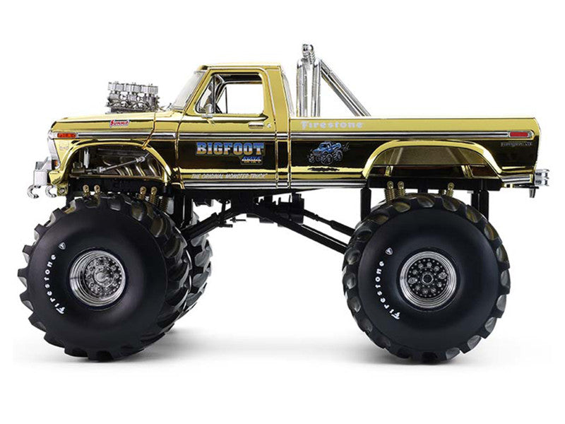 1979 Ford F-250 Monster Truck "Bigfoot #1 50th Anniversary" Gold Chrome with Bob Chandler Standing Figure "Kings of Crunch" Series 1/18 Diecast Model Car by Greenlight