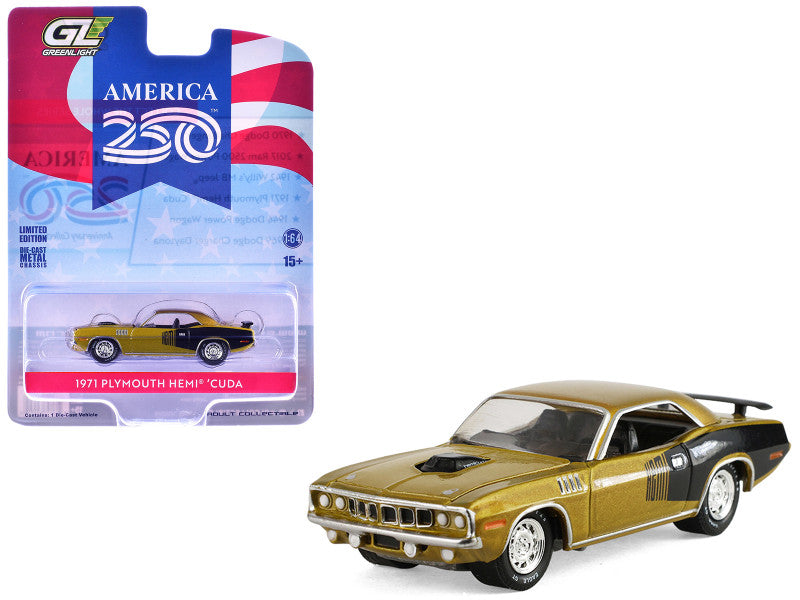 971 Plymouth Hemi ‘Cuda Gold Metallic with Black Accents "America 250 Edition" "Anniversary Collection" Series 18 1/64 Diecast Model Car by Greenlight