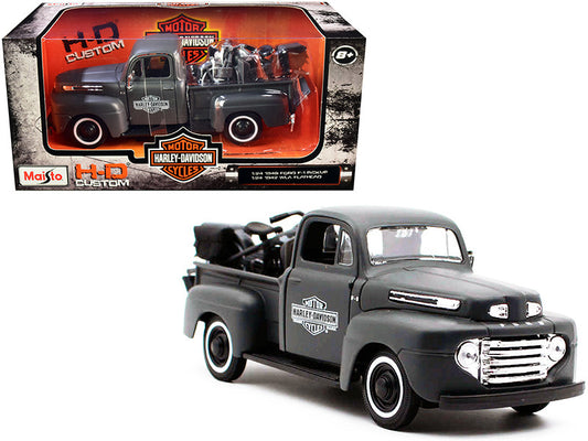 1948 Ford F-1 Pickup Truck and 1942 Harley-Davidson WLA Flathead Motorcycle Matt Dark Gray "Harley-Davidson Custom" 1/24 Diecast Models by Maisto