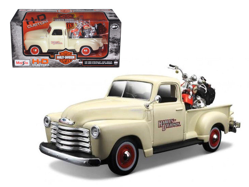 1950 Chevrolet 3100 Pickup Truck Cream 1/25 and 2001 FLSTS Heritage Springer Motorcycle Orange 1/24 "Harley-Davidson Custom" Series Diecast Models by Maisto