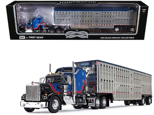 Kenworth W900A Sleeper and Wilson Silverstar Livestock Spread-Axle Trailer Black and Blue with Red Stripes "John Wayne Cattle Co." 1/64 Diecast Model by DCP/First Gear