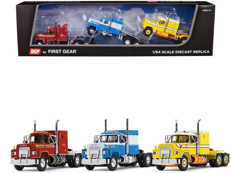 Mack R Sleeper Trio Set of 3 Truck Tractors in Red Blue and Yellow 1/64 Diecast Models by DCP/First Gear