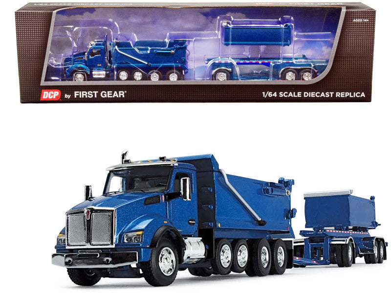 Kenworth T880 Quad-Axle Dump Truck and Rogue Transfer Tandem-Axle Dump Trailer Surf Blue Metallic 1/64 Diecast Model by DCP/First Gear