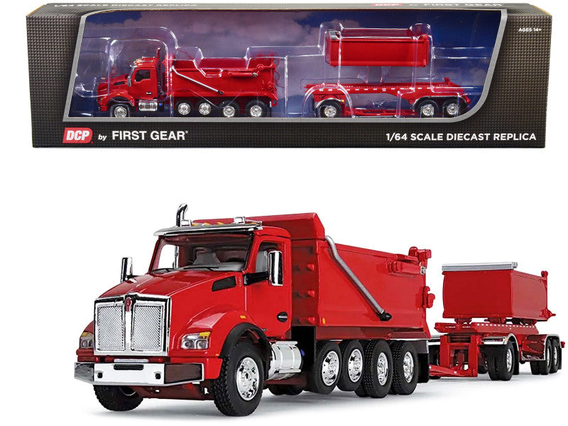 Kenworth T880 Quad-Axle Dump Truck and Rogue Transfer Tandem-Axle Dump Trailer Viper Red 1/64 Diecast Model by DCP/First Gear