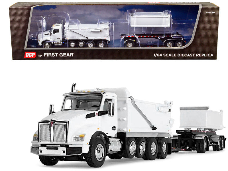 Kenworth T880 Quad-Axle Dump Truck and Rogue Transfer Tandem-Axle Dump Trailer Viper White 1/64 Diecast Model by DCP/First Gear