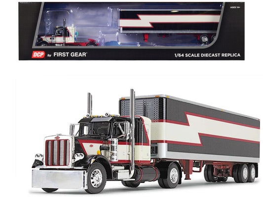 Peterbilt 359 with 36" Flat Top Sleeper and 40' Vintage Dry Goods Trailer Black with Cream and Red Stripes 1/64 Diecast Model by DCP/First Gear