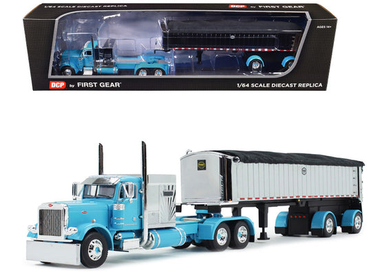 GearPeterbilt 379 with 60" Vintage Sleeper and MAC Coal End Dump Trailer Cyan Blue and Chrome 1/64 Diecast Model by DCP/First Gear