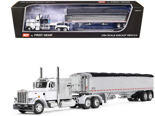 GearPeterbilt 359 with 60" Vintage Sleeper and 43' Wilson High Side Grain Trailer White and Chrome 1/64 Diecast Model by DCP/First Gear