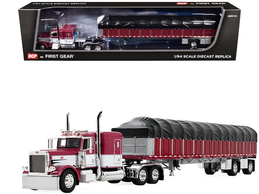 Kenworth W900A with 60" Aerodyne Sleeper and 53’ Wilson Roadbrute Flatbed Trailer with Covered Wagon Black with Red Stripes 1/64 Diecast Model by DCP/First Gear