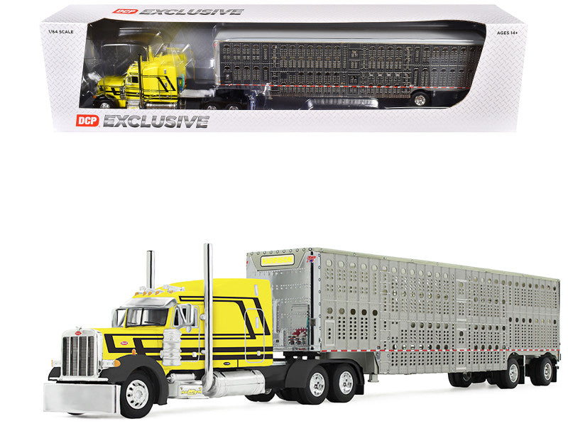 Peterbilt 379 with 63" Mid-Roof Sleeper and Wilson Silverstar Livestock Trailer "Harrison Trucking" Yellow with Black Stripes 1/64 Diecast Model by DCP/First Gear
