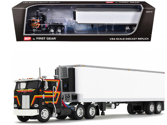 Peterbilt 352 COE 86" Sleeper and 40' Vintage Trailer with Reefer Black with Stripes 1/64 Diecast Model by DCP/First Gear