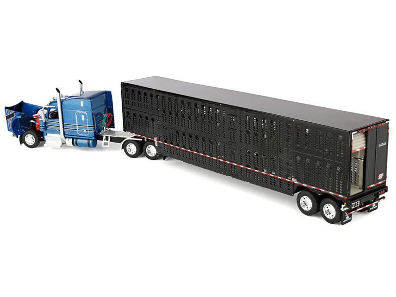 Peterbilt 589 with 72" Mid-Roof Sleeper and Wilson Silverstar Livestock Trailer Bright Blue with Black Stripes and Trailer 1/64 Diecast Model by DCP/First Gear