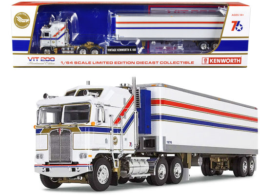 Kenworth K100 COE Aerodyne Sleeper and 40' Vintage Refrigerated Tandem-Axle Trailer White with Stripes "VIT200 Bicentennial" 1/64 Diecast Model by DCP/First Gear