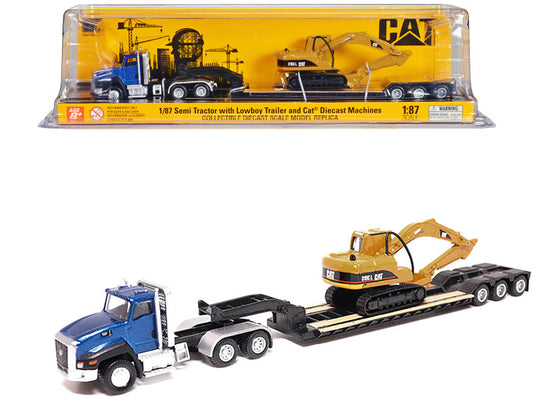 MastersCAT Caterpillar CT660 Day Cab Tractor Blue Metallic with Lowboy Trailer and CAT 315C L Hydraulic Excavator Yellow 1/87 (HO) Diecast Model by Diecast Masters