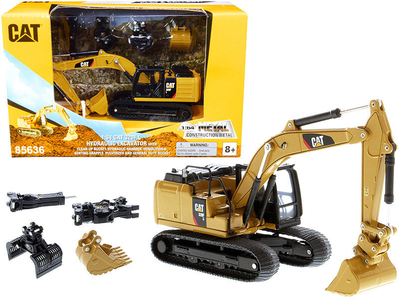 MastersCAT Caterpillar 320F L Hydraulic Tracked Excavator with 5 Work Tools "Play & Collect!" 1/64 Diecast Model by Diecast Masters