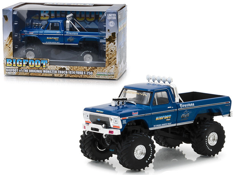 Greenlight1974 Ford F-250 Ranger XLT Monster Truck Bigfoot #1 "The Original Monster Truck" Blue "Kings of Crunch" 1/43 Diecast Model Car by Greenlight