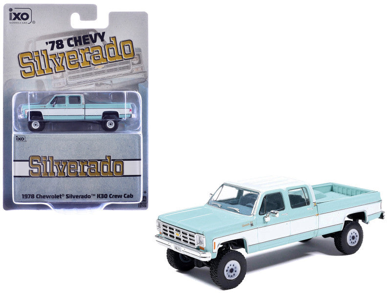 978 Chevrolet Silverado K30 Crew Cab Pickup Truck Light Blue and White with Blue Interior 1/64 Diecast Model by IXO Models