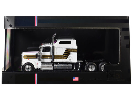 1995 Kenworth W900 Truck Tractor White with Black and Gold Stripes 1/64 Diecast Model by IXO Models